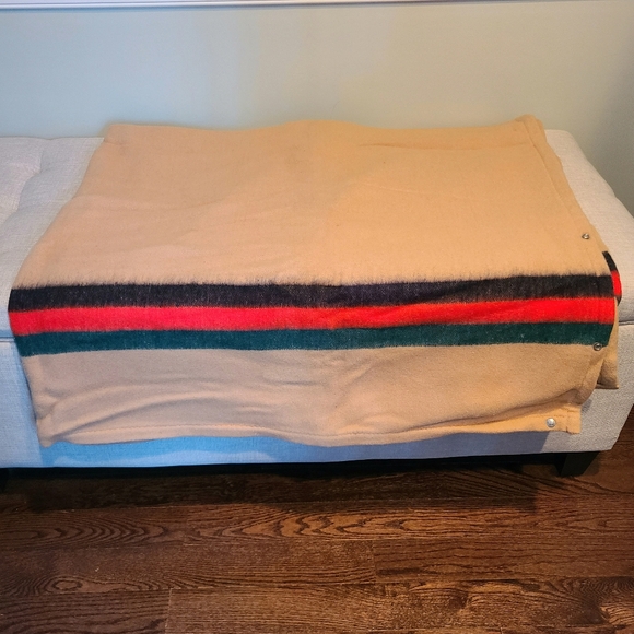 Vintage Acrylic Fleece Blanket Tan Brown Red Green Stripe Luxury Colors USA Made